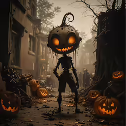 a man in an elaborate costume standing on the street next to pumpkins
