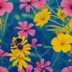pink and yellow flowers with a bee in the middle