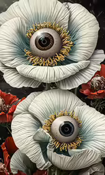 three flowers with a black background and an image of an eye in the middle