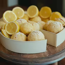 a bowl of lemon roll holes sitting on a plate