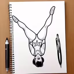 a notebook with a drawing of an acrobatic man doing a handstand,a pencil drawing of a person doing a handstand