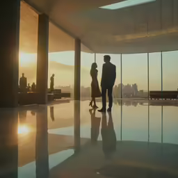 there are two people in this lobby at sunset