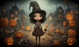 an illustration of a little girl standing in a field full of pumpkins
