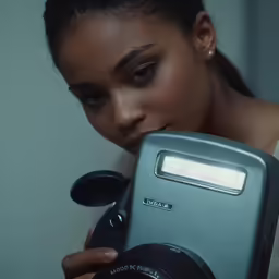 a woman holding a camera in her hands