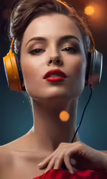 young woman with headphones on with christmas lights