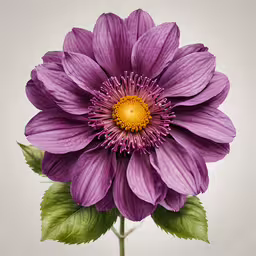large purple flower blooming from its stem on a white background,a large purple flower with a green leaves