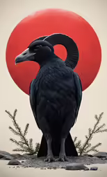 an illustration of a large black bird with two birds standing next to each other