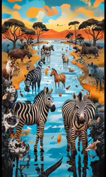the painting depicts some zebras and other wild animals