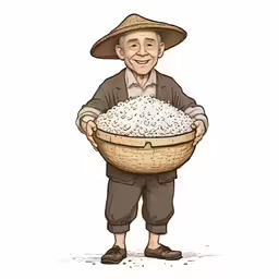 a man wearing a straw hat and holding a basket filled with rice