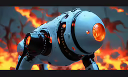 a robotic that is in the fire with red and yellow flames
