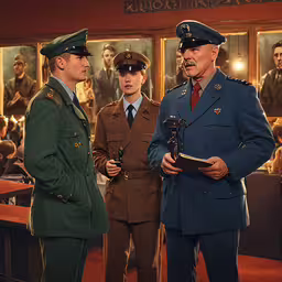 a man in blue uniform talking to two other men,three men wearing military clothing standing next to each other