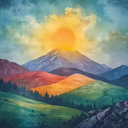 a painting of a landscape with trees on top of the hill