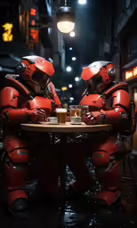 two men in red armor eating in a street cafe