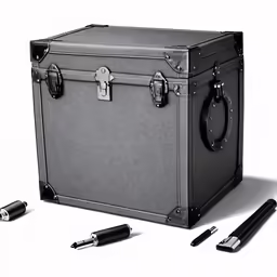 a briefcase and two pens lying next to it