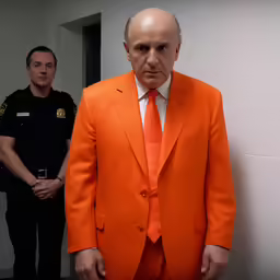 a man wearing an orange suit and tie standing next to a security officer