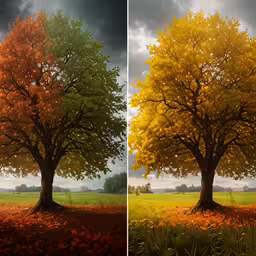 a large tree with lots of leaves in front of a gray sky,two pictures with the same tree and grass and one with leaves