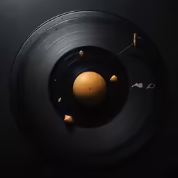 an orange on a black surface being held by scissors