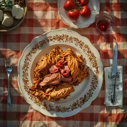the table is filled with food and place settings