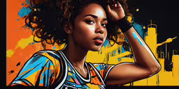 an artistic painting of a woman with curly hair,an african american woman with an afro hairstyle and colorful artwork on her sleeve