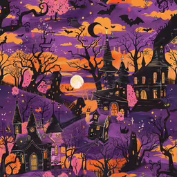 a picture of an animated halloween scene,halloween night in town, a castle, bats, pumpkins and trees