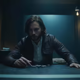 a man leaning on a table in a dimly lit room