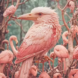 a pink flamingo sits in a thicket of flamingos