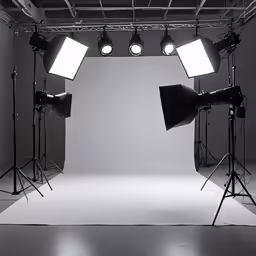 two soft light panels on a stage with three spotlights
