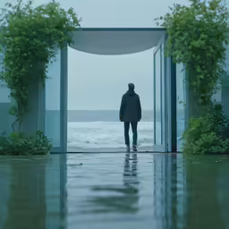 man stands at the end of a walkway next to an open door to the ocean