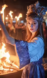 a young girl in costume standing next to fire