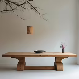 a table and vase on display in an apartment