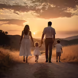 a couple walks with two kids down a road