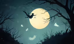 a full moon with bats flying over a field