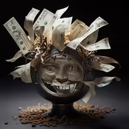 a sculpture of a smiley face made out of dollar bills