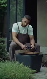 a man sitting on the step holding an item