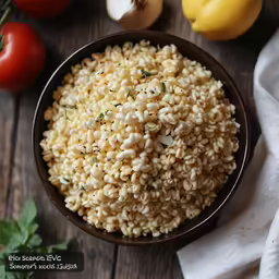 the bowl of sprinkled rice is on the wooden table next to lemon and tomatoes