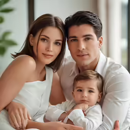 a man and woman posing with their baby