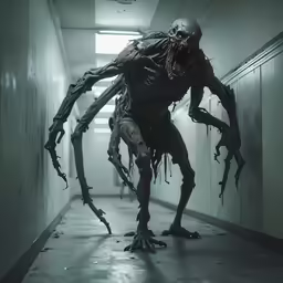 an alien walking in an empty building with blood dripping down the walls