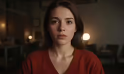 a woman with brown hair is staring into the distance