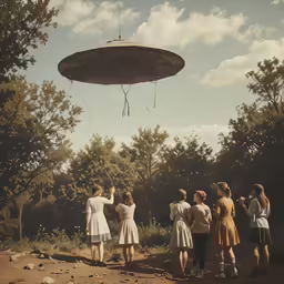 several people gathered around a flying object