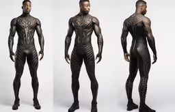 a man in a futuristic outfit that has a lot of tattoos,a man with different body shapes, and an image of his head and shoulders