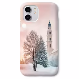 a snowy landscape with a white church in the background