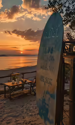 a surfboard has been used as a picnic bench