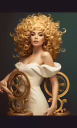 blonde model in all white poses with gold ornaments