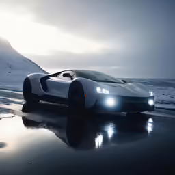 a white sports car driving down a wet street