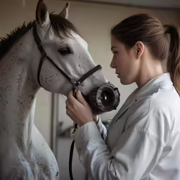 a female nurse holds up her camera to a horse