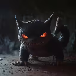 a black furry looking monster with orange eyes
