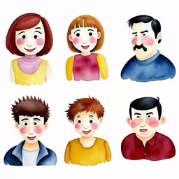 children and their mothers are smiling together,the cartoon people are set on each other,a group of people with different expressions,six different people in different colors are shown,a bunch of pictures that have different people in it