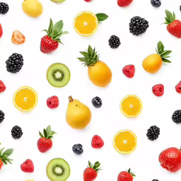 a pattern with fruits including berries, oranges, kiwi, lemons, and kiwi