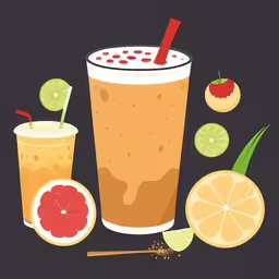 a drink and its different ingredients are sitting in the dark,a picture of cocktail with various fruits on the side,a full glass of drinks with strawberries and limes,a drink, lemon and lime with a straw in it,a drink that has various fruits and vegetables around it