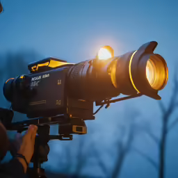 camera on tripod with flash light attached